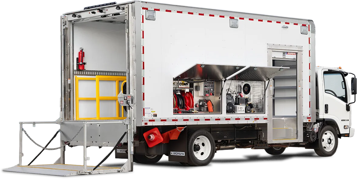 Morgan truck body with its liftgate lowered and side compartment doors open